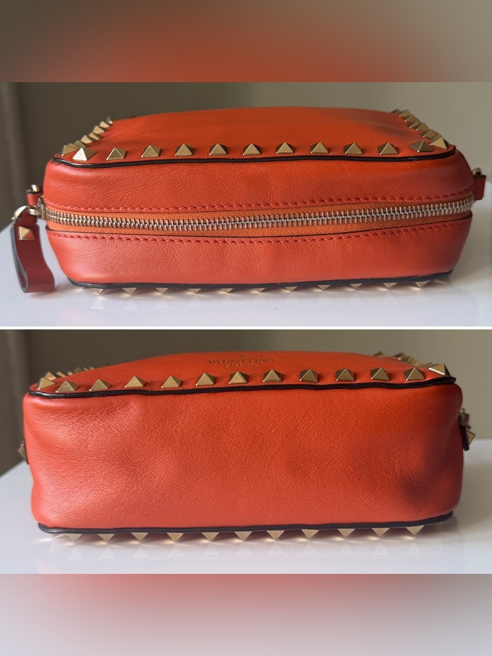 Valentino Garavani Rockstud Orange Leather Camera Crossbody Bag - Picture 6 of 11